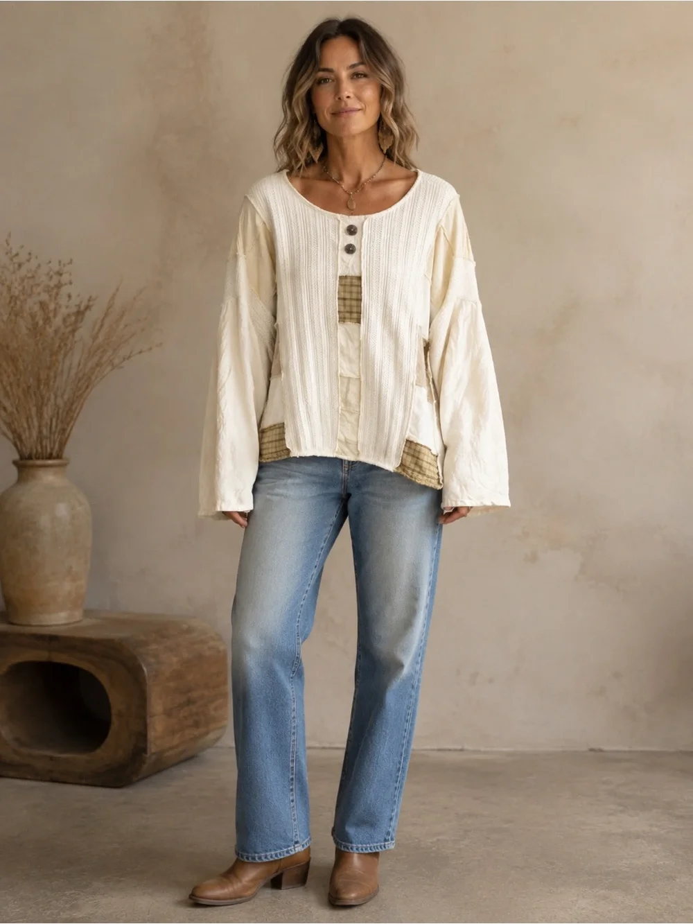 Rare Vintage Jackie Loves John Button-Front Patchwork Linen Lagenlook Top med